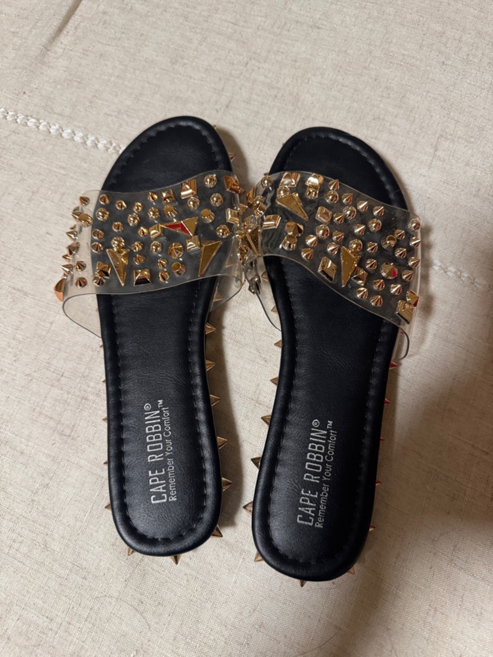 Cape Robbin Black Slides with Gold Studded Clear Strap